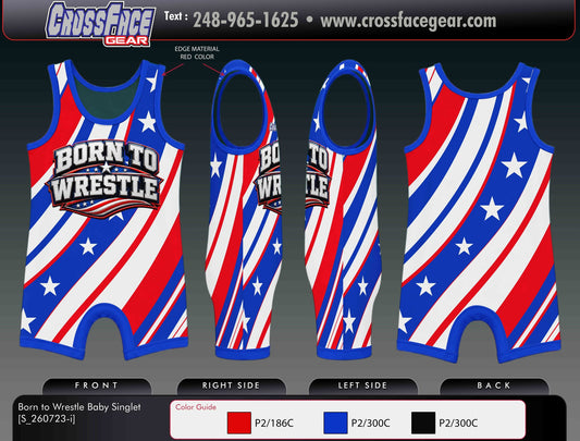 Born to Wrestle baby wrestling singlet in red, white and blue stars and stripes, front, side and back views