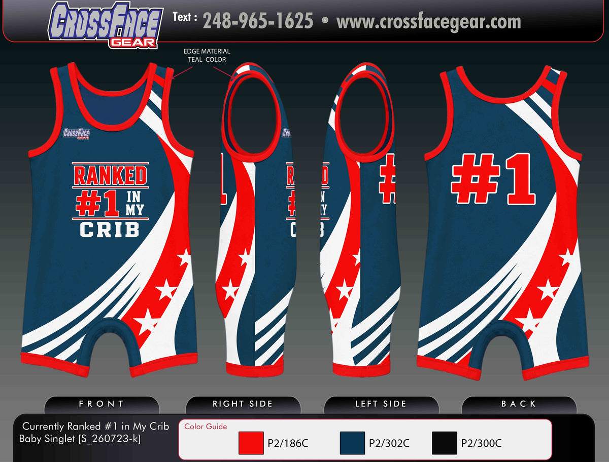 Currently Ranked #1 in My Crib baby wrestling singlet in navy blue with red and white stripes and a #1 on the back, front, side and back views