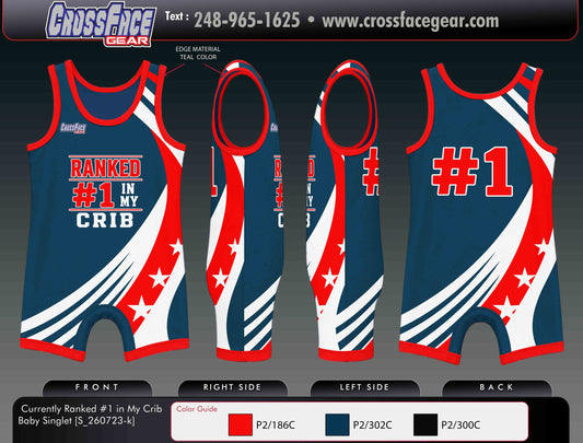 Currently Ranked #1 in My Crib baby wrestling singlet in navy blue with red and white stripes and a #1 on the back, front, side and back views