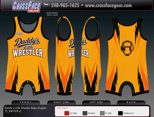 Daddy's Little Wrestler baby wrestling singlet in gold and black with a headgear graphic on the back, front, side and back views