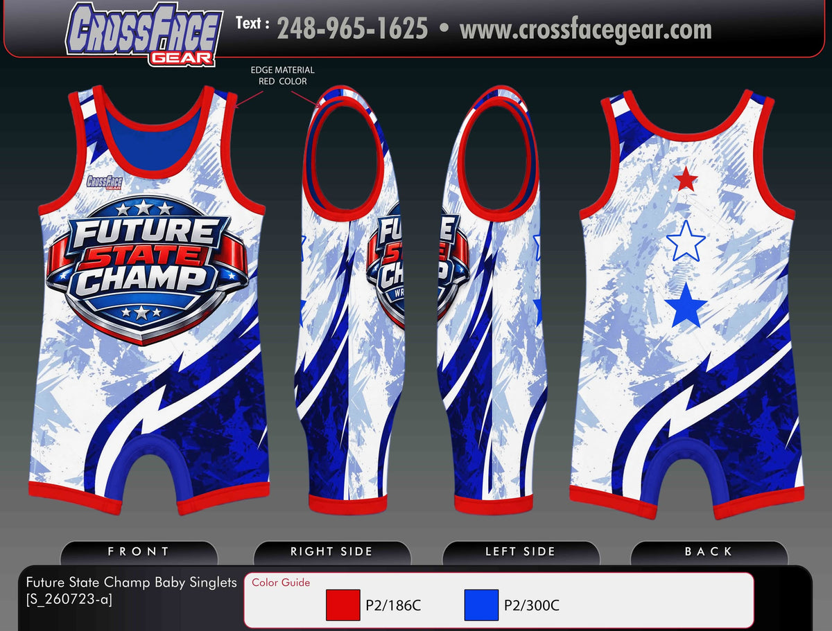 Future State Champ baby wrestling singlet in white and royal blue with red trim and stars, front, side and back views