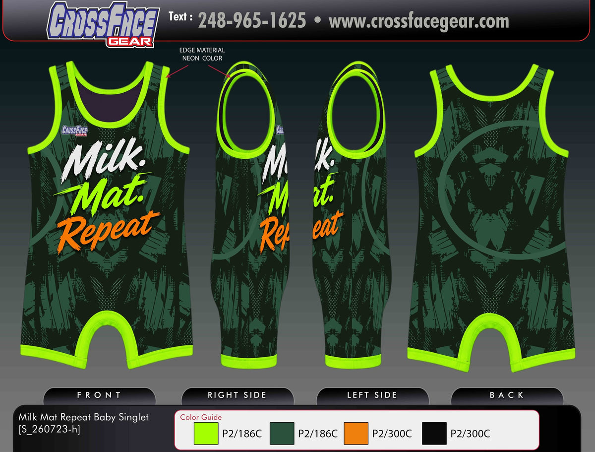 Milk Mat Repeat baby wrestling singlet in neon green and dark green with orange lettering, front, side and back views