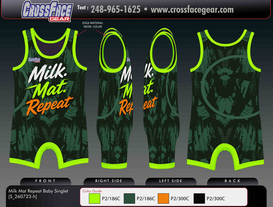 Milk Mat Repeat baby wrestling singlet in neon green and dark green with orange lettering, front, side and back views