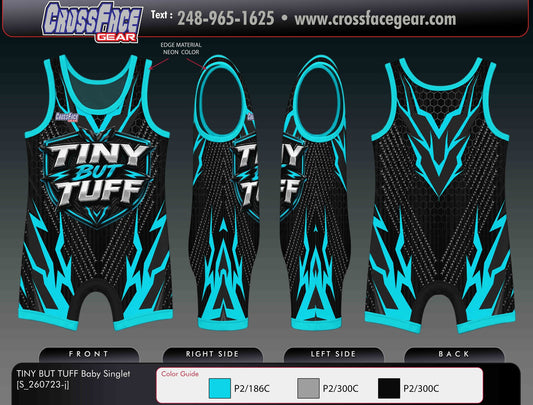 Tiny But Tuff baby wrestling singlet in black with neon teal accents, front, side and back views