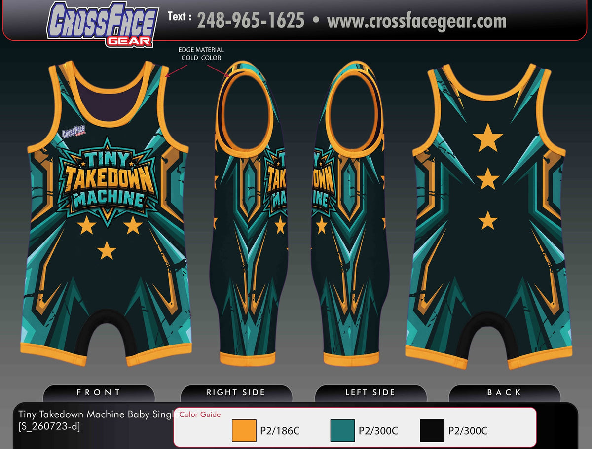 Tiny Takedown Machine baby wrestling singlet in dark teal and gold with stars on the back, front, side and back views