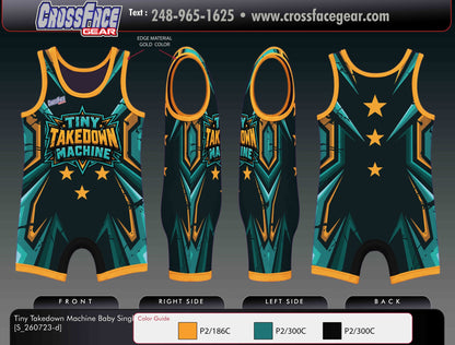 Tiny Takedown Machine baby wrestling singlet in dark teal and gold with stars on the back, front, side and back views